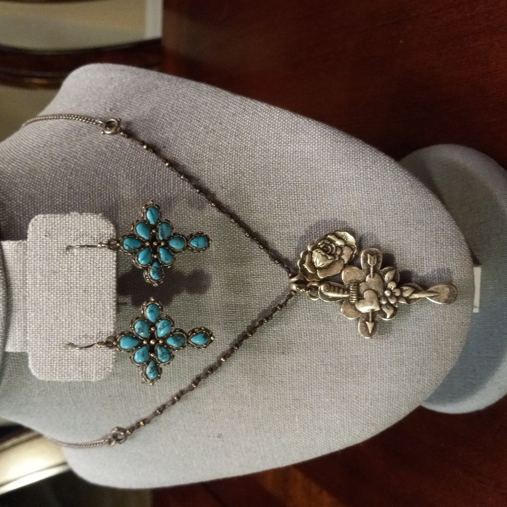 2-Sided 19" Cross Necklace AND Fishhook Earrings, Silver/Turquoise - Picture 2 of 4